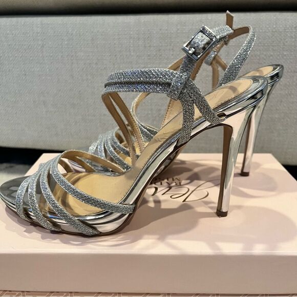 Jewel Badgley Mischka HUMBLE Silver Sparkle Strappy Sandal Heels Size 8.5 - Picture 6 of 10